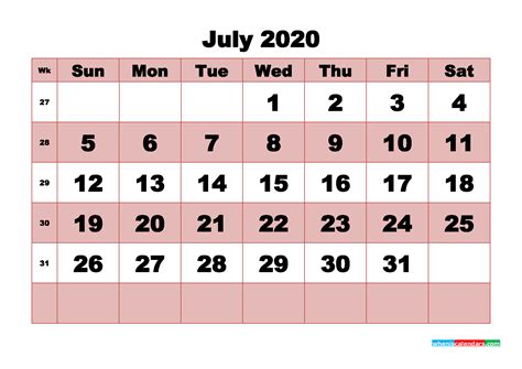 July 2020 Blank Calendar Free Word Page Printable Blank Calendar