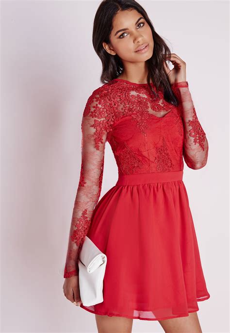 Missguided Premium Lace Long Sleeve Skater Dress Red In Red Lyst