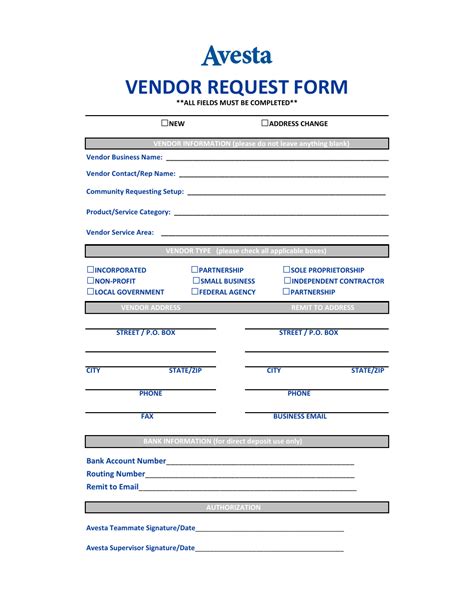 Vendor Request Form Avesta Fill Out Sign Online And Download Pdf