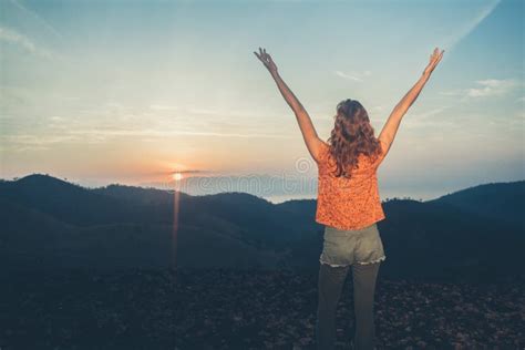 Woman Watching Sunrise Over Mountains Stock Image Image Of Blue