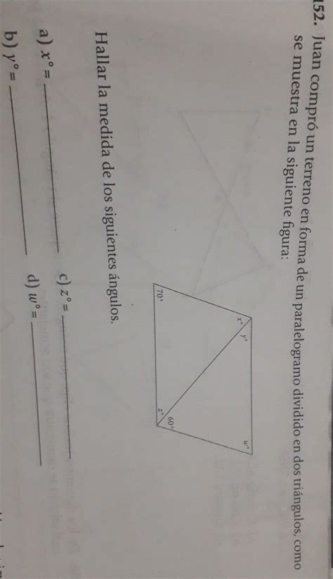 juan compro un terreno en forma de paralelogramo dividido en 2 triángulos como se muestra en la