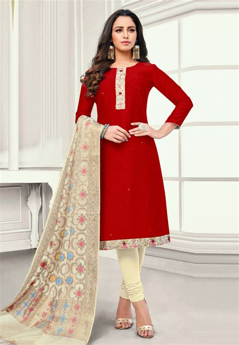 Red Cotton Churidar Suit 192496 In 2020 Churidar Suits Indian