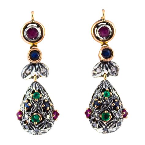 Art Nouveau Style White Diamond Ruby Emerald Sapphire Yellow Gold Drop