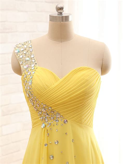 Elegant One Shoulder Yellow Chiffon Beaded Pleat Long Party Dress Bridesmaid Dresses On Luulla
