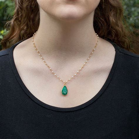 Pearl Beaded Emerald Teardrop Necklace By Rochejewels