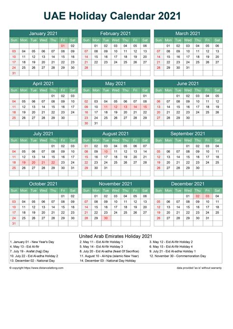 United Arab Emirates Holiday Calendar Horizintal Grid Sunday To