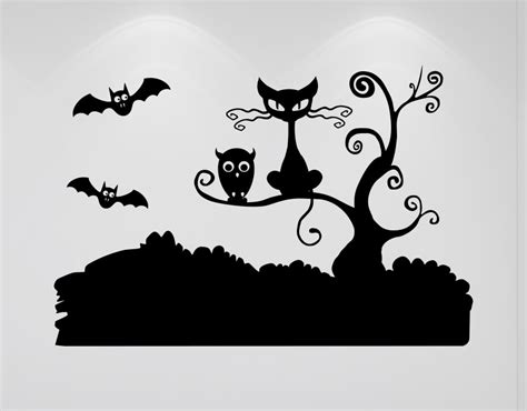 Spooky Halloween Cat On A Tree Branch Window Stickers