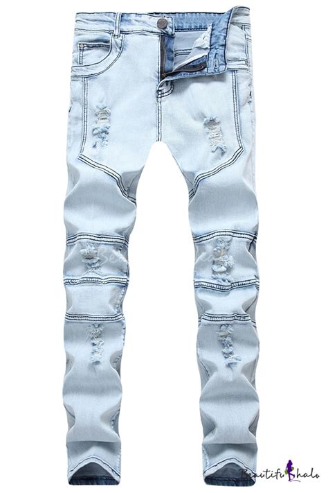 Mens Retro Solid Color Stretch Fitted Light Blue Ripped Jeans