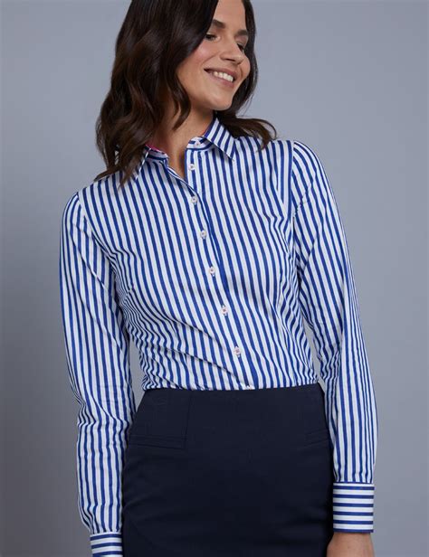 Womens Royal And White Bengal Stripe Fitted Shirt Double Cuff Hawes