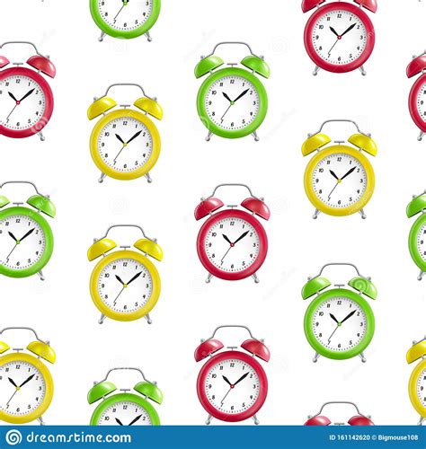 Realistic Detailed 3d Vintage Color Alarm Clocks Seamless Pattern