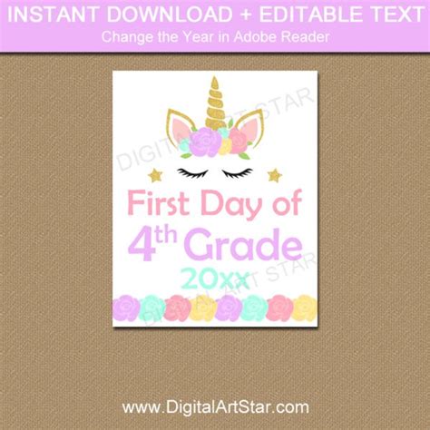 Unicorn First Day Of Fourth Grade Printable Sign School Signs