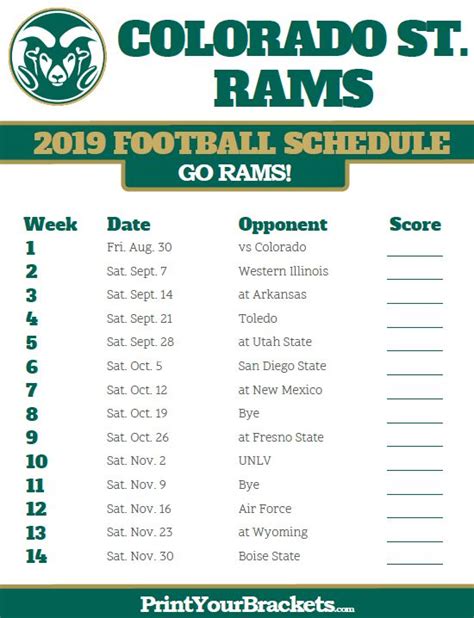 Printable 2019 Colorado State Rams Football Schedule College Football