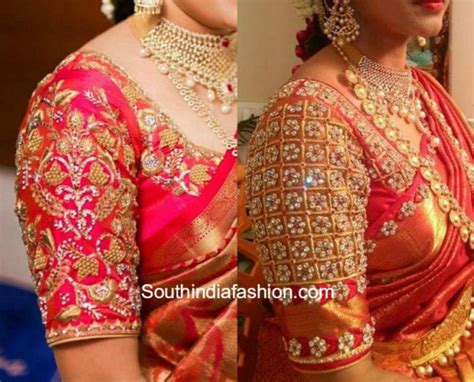 Elbow Sleeves Embroidery Blouse Designs For Kanchipuram Silk Sarees