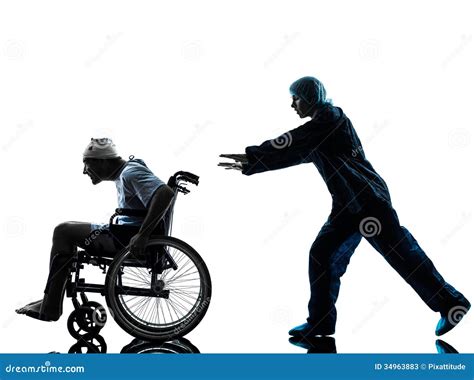 Injured Funny Man In Wheelchair Escaping Away Of Nurse Silhouett Stock