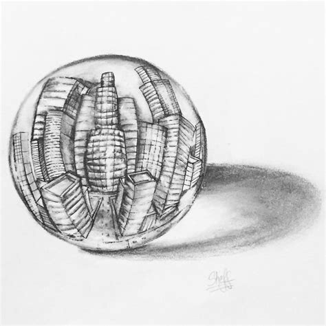 A Drawing Of A Glass Ball With Buildings In It