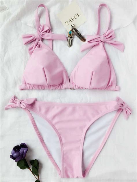 Off Cami Padded Bowknot Bikini Set In Pink Zaful