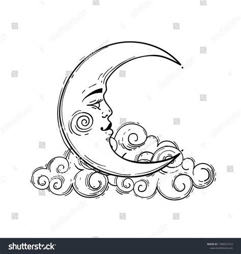 Magic Crescent Moon Face Line Drawing Stock Vector Royalty Free