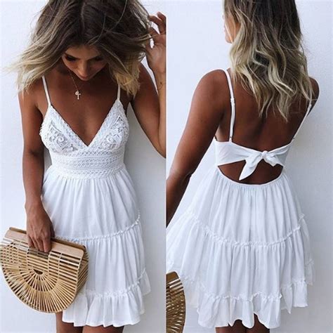 Girls White Summer Dress Spaghetti Strap Bow Dresses Sexy Women V Neck