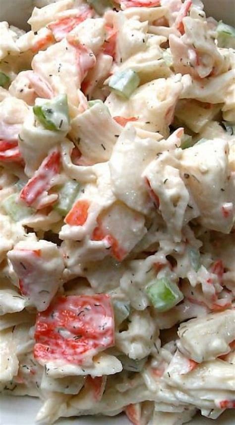 We have served it to friends and relatives, and the • the recipe below uses 1/2 cup of mayo with 1 pound of shredded imitation crab salad. easy shrimp and crab pasta salad