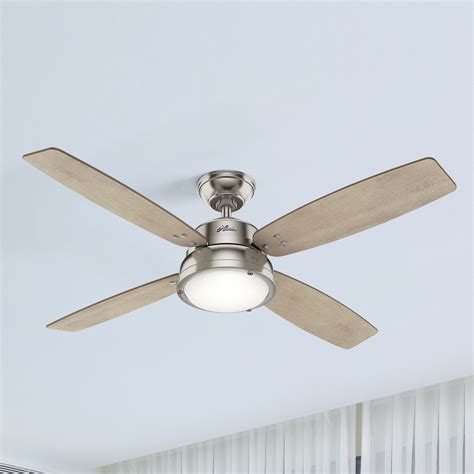 The hunter 52 remote ceiling fan features an elegant brushed nickel or new bronze finish and overall styling that has a modern and rich look that is sure to impress. Hunter 52-Inch Brushed Nickel LED Ceiling Fan with Light ...