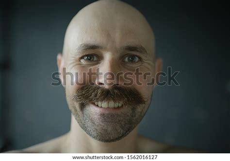 Cheerful Bald Man Mustache Portrait Young Stock Photo 1562016127