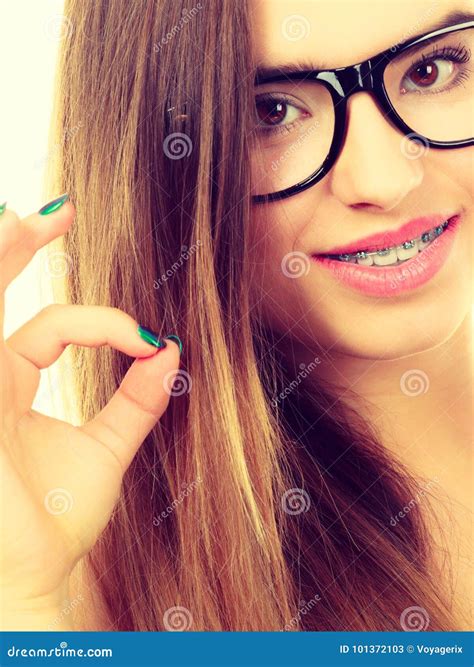 Happy Nerdy Teenage With Brace Wearing Eyeglasses Stock Image Image