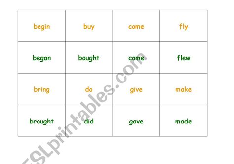 English Worksheets Memory Game Irregular Verbs