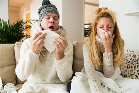 Sick Couple Catch Cold Man And Woman Sneezing Coughing Got Fl On