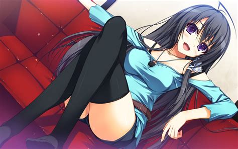 That's just some essential photography basics for you to chew on right there: legs, purple eyes, Tomose Shunsaku, anime, thigh-highs ...