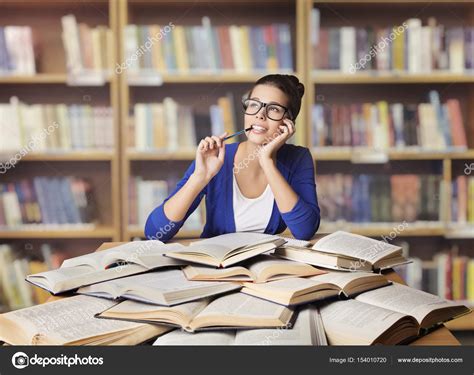 Woman In Library Student In Eyeglasses Study Opened Books Girl
