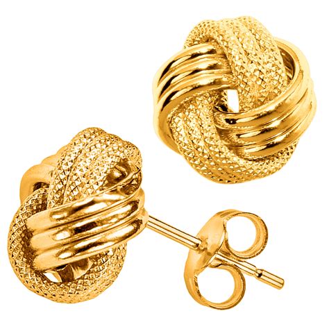 K Yellow Gold Shiny And Textured Triple Row Love Knot Stud Earrings