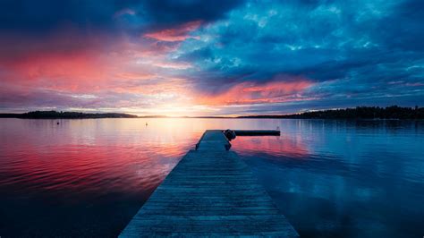 Download 1920x1080 Scenic Sunset Lake Pier Pretty Sky Wallpapers