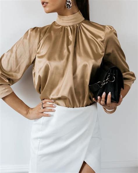 Satin Design Ruched High Neck Blouse High Neck Blouse Women Blouses