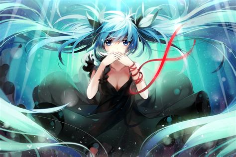 デスクトップ壁紙 長い髪 黒いドレス アニメの女の子 ボーカロイド 初音ミク 水中 twintails 泣く リボン スクリーンショット コンピュータの壁紙 マンガカ