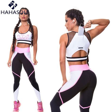 hahasole sport suit women s fitness yoga sets pockets bra long pants sexy gym wear costumes