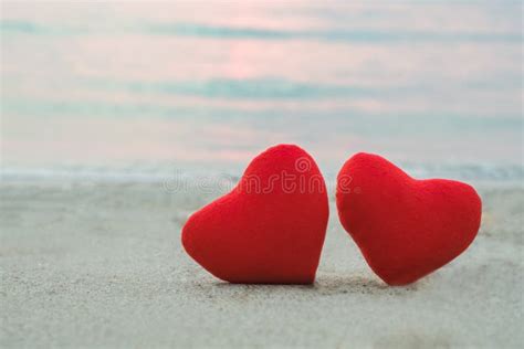 Two Red Heart On The Sand Beach Stock Image Image Of Romance