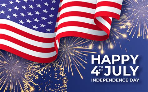 Usa Independence Day Banner With Waving American National Flag And Fireworks 4th Of July Poster