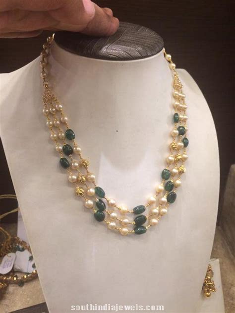 Gold Emerald Pearls Mala ~ South India Jewels