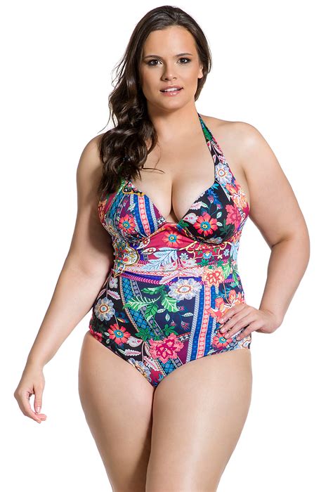 Plus Size One Piece Swimsuit In Geometric And Floral Print Maio
