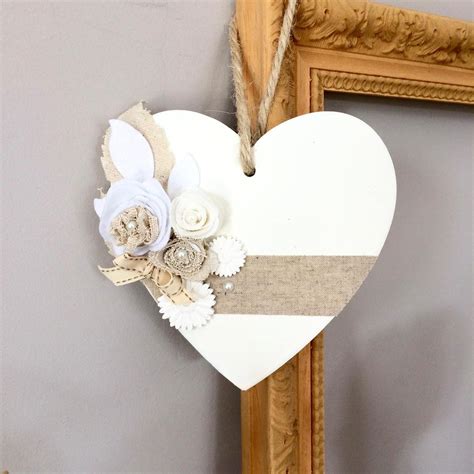 Wooden Heart Decorated With Fabric Flowers And A Linen Ribbon Etsy