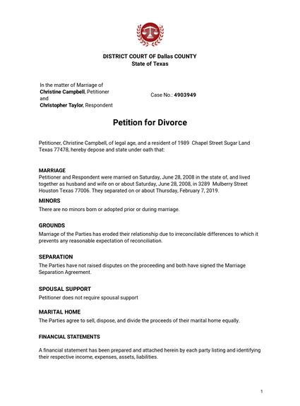 Petition For Divorce Fillable Form Printable Forms Free Online