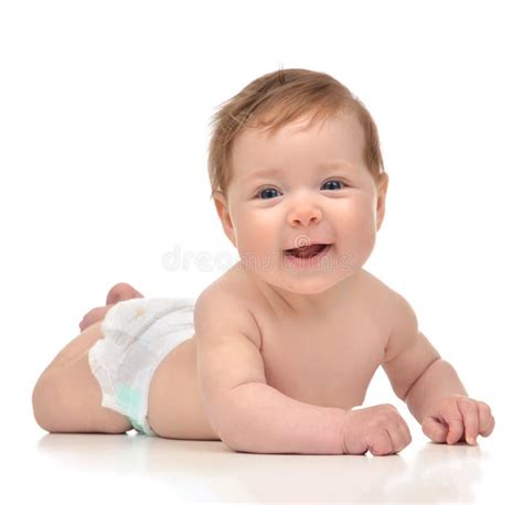 Four Month Infant Child Baby Girl In Diaper Lying Happy Smiling Stock