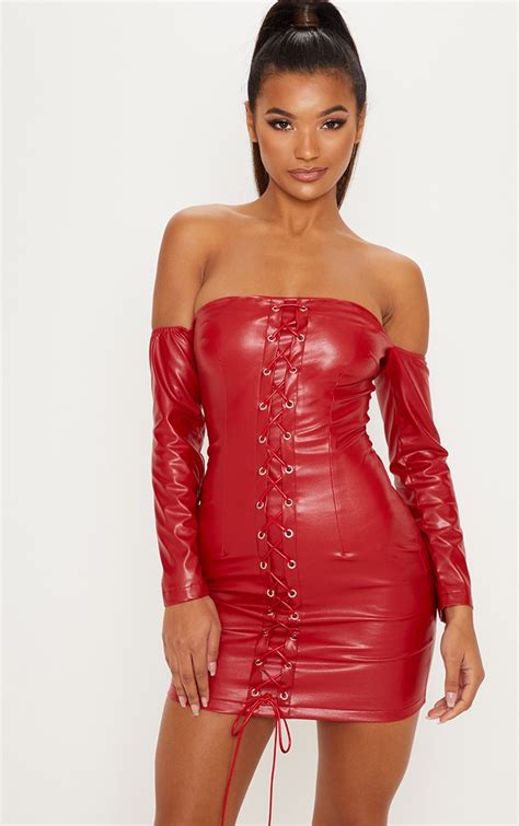Red Faux Leather Bardot Bodycon Dress Prettylittlething