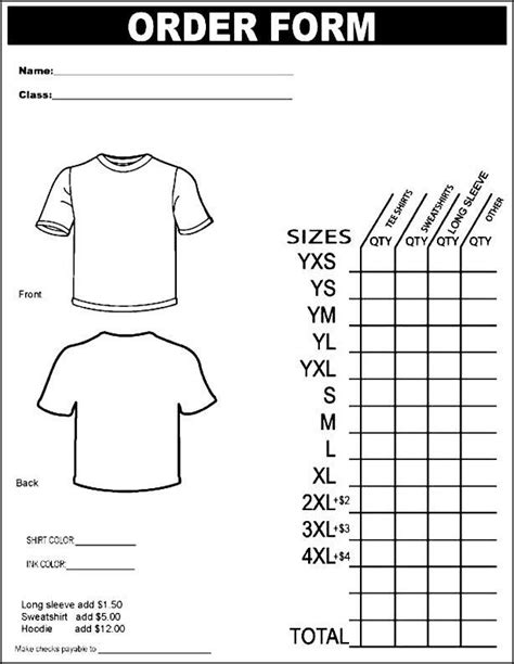 An Order Form With The Measurements For T Shirts