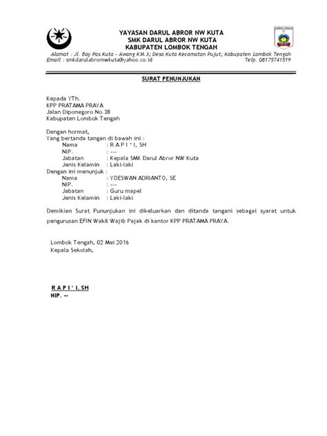 Surat Penunjukan Efin Smk 2016 Pdf