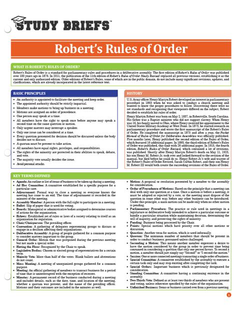 Roberts Rules Of Order Summary Chart