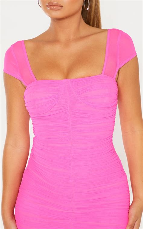 Hot Pink Mesh Ruched Midi Dress Prettylittlething