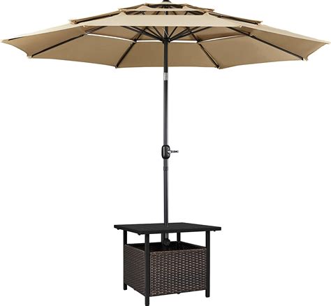 Yaheetech 3 2m Garden Parasol Umbrella With Rattan Side Table 3 Tier Vented Patio Side Table