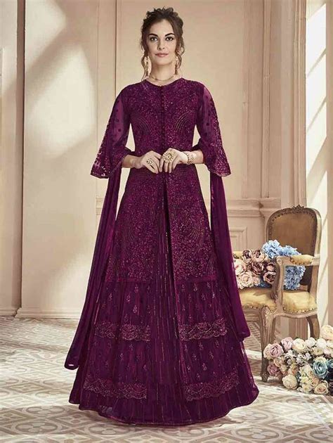 Purple Designer Heavy Net Long Suit With Sharara Zoharin 3168028