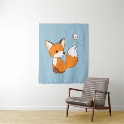 Cute Little Fox Watching Butterfly Tapestry Zazzle